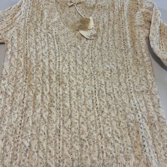 Hem & thread ivory marled knit v-neck cable knit sweater S - Picture 3 of 10